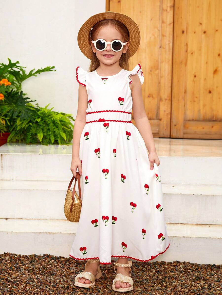 年輕女孩櫻桃印花荷葉邊夏日度假裙 - 白色 - 查看 1