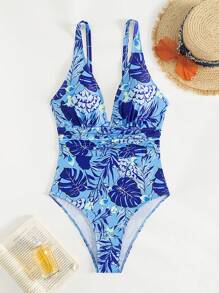 Swim SPRTY Tropical Printed Deep V-Neck Spaghetti Strap Slim Fit One-Piece Swimsuit For Summer Beach - Multicolor - View 3