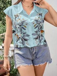 Calvaya Plus Floral Print Batwing Sleeve Shirt