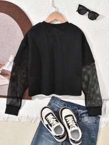 Áo thun trễ vai dạng lưới tương phản của Tween Girls Letter - màu đen - Xem 2