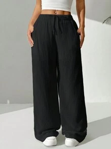 SHEIN EZwear Pantalones largos casuales y sencillos de unicolor para mujeres en su día a día - Negro - Ver 5