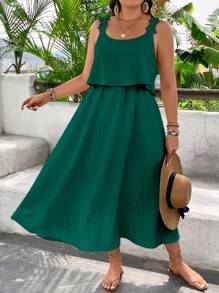 SHEIN Clasi 夏季度假纯色荷叶边吊带连衣裙 - 墨綠色 - 查看 1