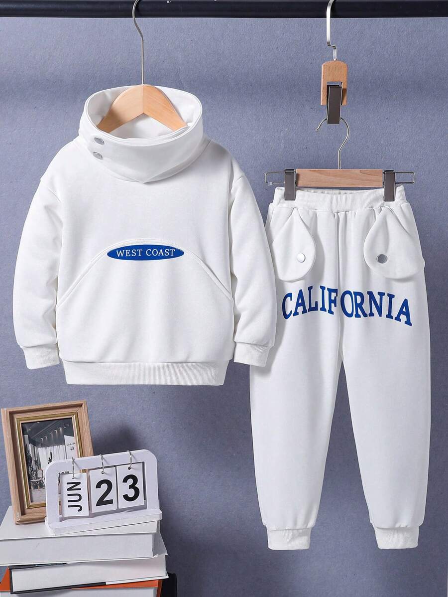 SHEIN 2 cái/bộ Áo nỉ cổ cao in chữ thông thường và quần dài dành cho bé trai trẻ, thích hợp mặc hàng ngày và đi học, mùa thu/đông - trắng - Xem 1