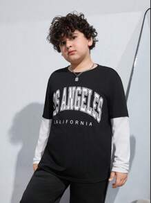 SHEIN Tween Boys Extended Size Color Block Casual 2 In 1 T-Shirt - Black - View 4