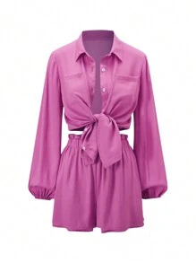 INAWLY Solid Button Front Blouse & Shorts, Women Two Pieces Set Fall Clothes - Pink - View 3