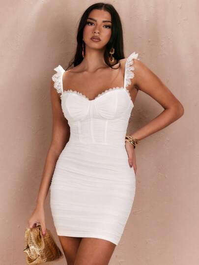 SHEIN BAE Vacation Sexy Party Mini Net Yarn Ruched Lace Splice Bralette Dress,White Graduation Dress