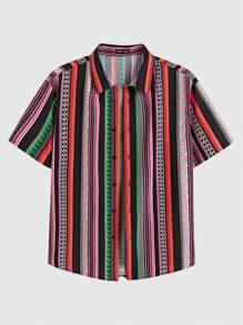 Manfinity RSRT Plus Men Striped & Geo Print Shirt & Shorts - Multicolor - View 5