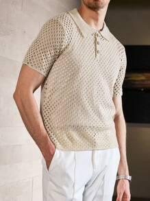 Manfinity Homme Camisa de polo hueca de verano para hombre de manga corta con cuello y tejer de unicolor casual - Albaricoque - Ver 9