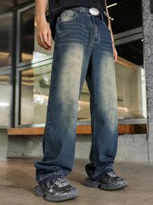 Jeans retro holgados de dos tonos en azul oscuro para hombres - Azul lavado oscuro - Ver 3