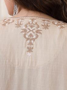 Elegant Embroidered Arabic Dress, JALABIA Floral Lace Sleeve V-Neck Dress, Graceful Spring/Summer 2025, RAMADAN, Eid Al Adha - Apricot - View 5