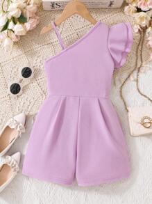 Combinaison à bordure à volants à encolure asymétrique pour filles préadolescentes - Prune - Voir 2