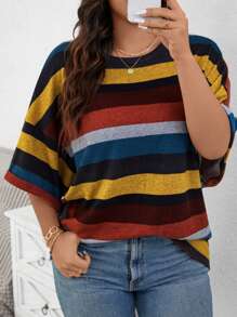 SHEIN LUNE Camiseta de manga murciélago a rayas de talla grande para verano - Multicolor - Ver 4