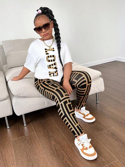 SHEIN Tween Girls Extended Size Casual Stickad Kortärmad topp och långbyxor, vår/sommar