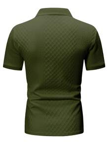 Manfinity Homme Men's Casual Daily Style, INS Matched With A Khaki Short-Sleeve Polo Shirt Featuring A Geometric Texture Jacquard Knit. With Buttoned Plackets, This Shirt Embodies Fashionable Styling And French Casual Romance. It Is Perfect For A Hawaiian Beach Vacation, As Well As Music Festivals And Everyday Outfits, Making It An Excellent Gift For Boyfriends Or Husbands. Suitable For Pairing In All Four Seasons, Especially Spring And Summer. Men's Premium Jacquard Pattern Polo Shirt, Ideal Gift For Boyfriend, Husband, Vacation/Party Wear - Army Green - View 4