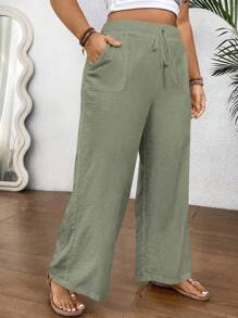 SHEIN Clasi Quần ống rộng Plus Knot Front - màu xanh lá - Xem 1