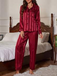 LuxeNights 条纹提花撞色滚边缎面睡衣套装/睡裤套装，秋冬舒适优雅细节 - 酒紅色 - 查看 5
