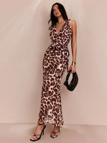 SHEIN BAE Summer Beach Vacation Date Party Sexy Printed Animal Leopard Pattern Halter Neck Bow Tie Backless Women's Tank Top & Maxi Skirt Set For Women