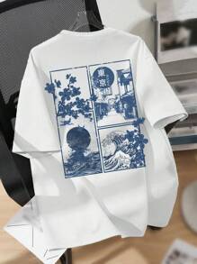 SHEIN Camiseta de manga curta com estampa de paisagem de desenho animado casual para meninos adolescentes, mistura de algodão, adequada para o verão