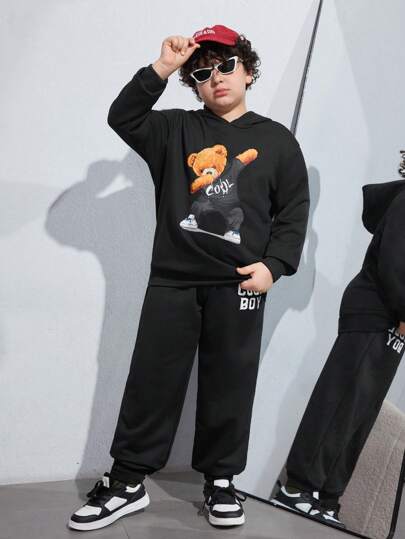 SHEIN Tween Boys Genişletilmiş Beden İlkbahar/Sonbahar Rahat Teddy Ayı Kapüşonlu Sweatshirt ve Pantolon Takımı