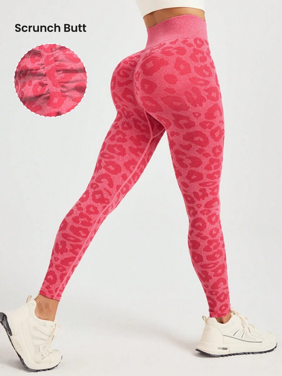 Easithlete 女士無縫高腰豹紋打底緊身褲，適用於日常穿著和運動 - 玫紅色 - 查看 1