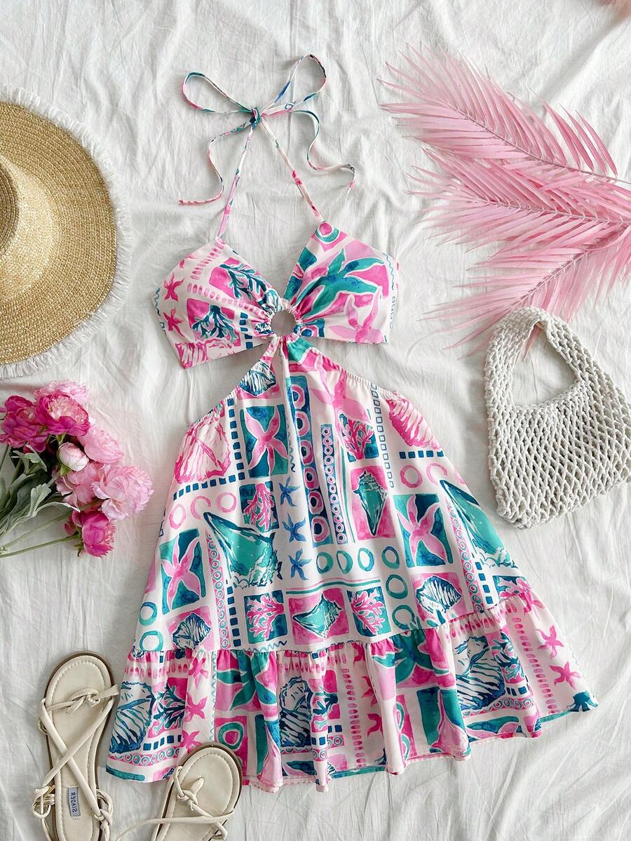 Soleia Women's Vacation Style Pink-Green Ocean Element Printed Hollow-Out Waist Front Circle Decor Halter Bowknot Beach Resort Music Festival Summer Bohemian A-Line Dress - Multicolor - View 1