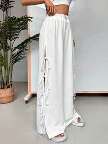 Muchica 女士夏季休閒實色腰帶寬腿褲 - 白色 - 查看 2