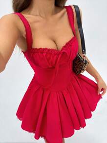 SHEIN PETITE Vestido rojo de estilo princesa en unicolor con ribete de encaje y tirantes con volantes en el busto