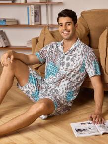 Men Patchwork Print Top & Shorts PJ Set / Pajama Set