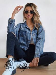 SHEIN Frenchy Cazadora mezclilla desgarro de hombros caídos