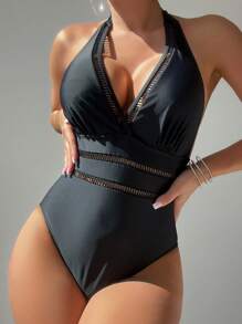 SHEIN Swim "女士夏季沙灘空心露背黑色一片式泳衣，泳衣" - 黑色 - 查看 4