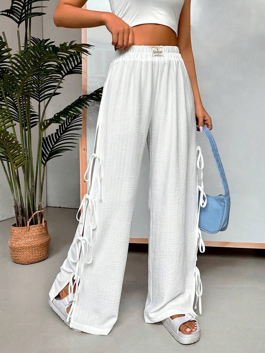 Muchica 女士夏季休閒實色腰帶寬腿褲 - 白色 - 查看 1