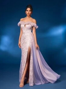 Glamrae Elegant And Gorgeous Off-Shoulder 3D Floral Collar With Decorated Sleeves And Hem, Draped Side Panels, High Side Slit, And Fish-Tail Evening Dress - Dusty Pink - View 1