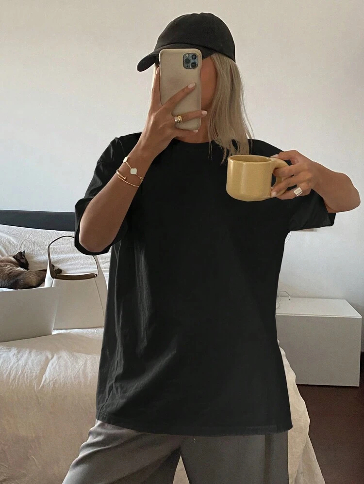 Solid Color Round Neck Loose Short Sleeve Women's T-Shirt, Long Length Summer
