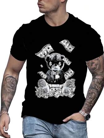 男士加大尺碼休閒短袖T卹帶泰迪熊印花，夏季