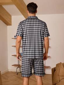 Men Houndstooth Print Contrast Piping PJ Set / Pajama Set - Black - View 2