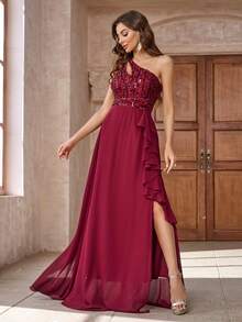 女式亮片拼接前开衩单肩正式晚礼服 - 酒紅色 - 查看 6