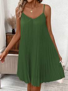 SHEIN Clasi 橙色褶皱露肩连衣裙珊瑚色连衣裙春季连衣裙 - 墨綠色 - 查看 1