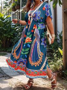 SHEIN Clasi Plus Size Boho Vacation Leisure Random Printed Batwing Sleeve Side Slit Dress Women Outfit, For Summer - Teal Blue - View 4