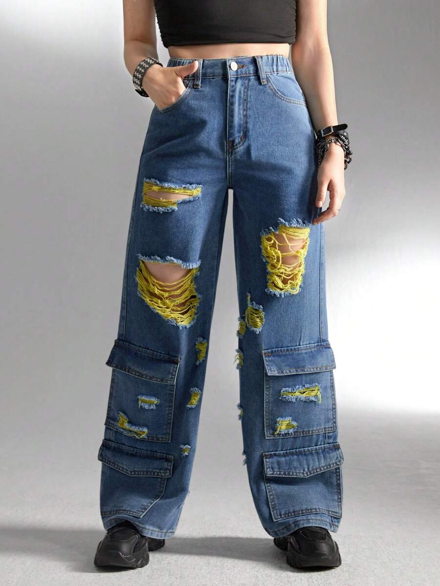 Teen Girls Ripped Flap Pocket Cargo Jeans - Dark Wash - View 1