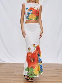 Chiquease 格子紋路細節印花無袖背心和裙子套裝，2件組 - 白色 - 查看 3