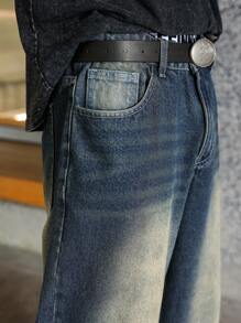 Jeans retro holgados de dos tonos en azul oscuro para hombres - Azul lavado oscuro - Ver 7