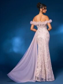 Glamrae Elegant And Gorgeous Off-Shoulder 3D Floral Collar With Decorated Sleeves And Hem, Draped Side Panels, High Side Slit, And Fish-Tail Evening Dress - Dusty Pink - View 4