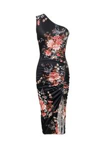 Breezaya Floral Print Asymmetrical Neck Drawstring Split Thigh Dress Maxi Women Outfit - Black - View 3