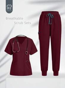 TaskEZ 勃艮第红色 V 领口袋上衣和抽绳腰裤手术服套装 - 酒紅色 - 查看 1