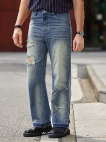 Manfinity Homme جينز رجالي بقصة مستقيمة ممزق - أزرق داكن - مشاهدة 1