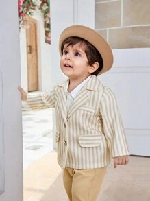 SHEIN 男童優雅條紋紳士西裝3件套，適用於秋冬季節 - 杏色 - 查看 5