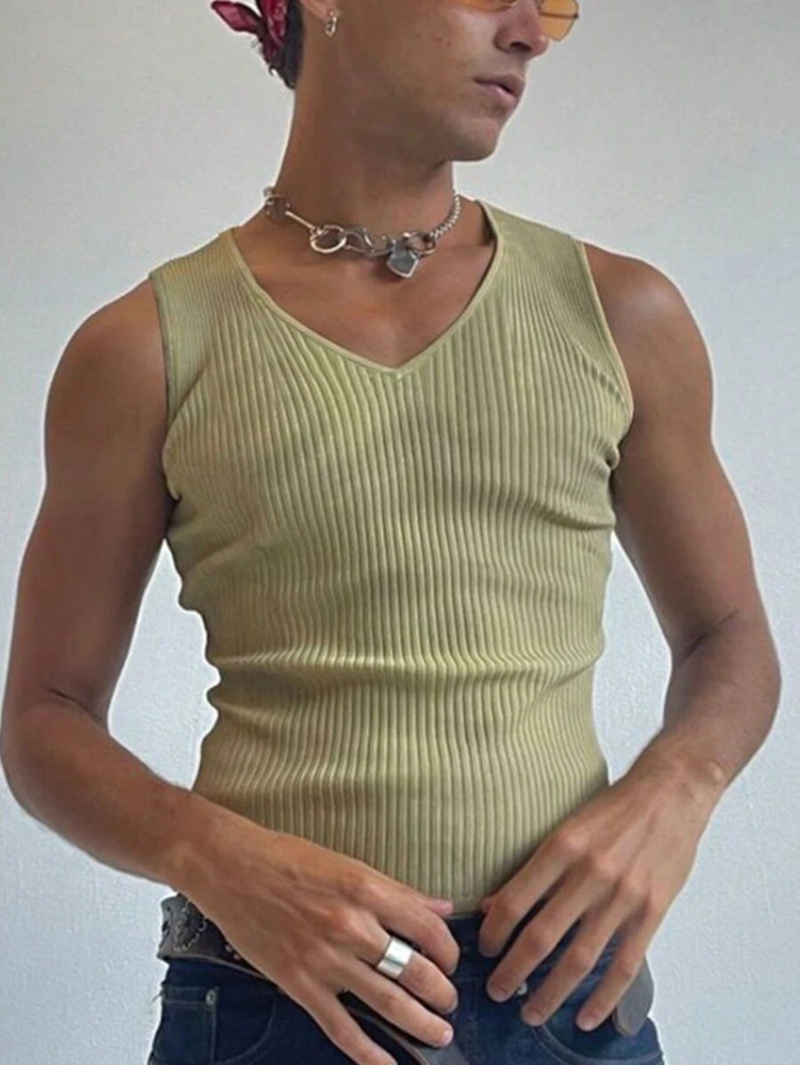 Men's Plain Simple Daily Sleeveless Tank Top - Lime Green - View 1