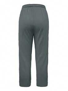 Jisfaneya Solid Color Elastic Waist Drawstring Pleated Fabric Cropped Pants, Casual Vacation Wear, Versatile Spring/Summer Tapered Trousers - Dark Grey - View 2
