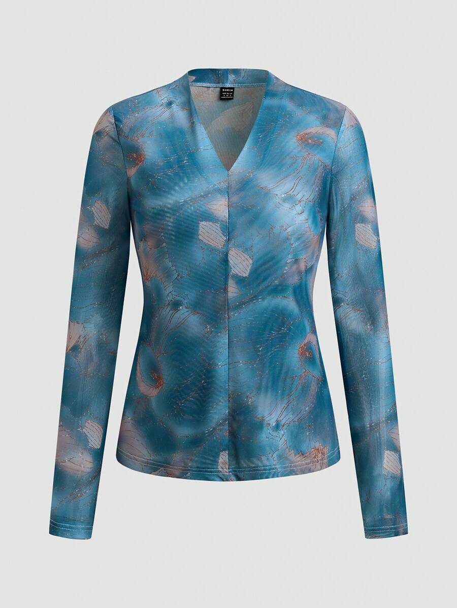 EMERY ROSE Women's Sheer Mesh Printed See-Through Top Fall Cloth For Women - Blue - View 1