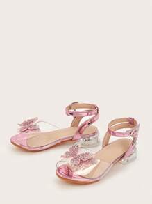 Girls' Chunky Heel Silver Glitter Butterfly Crystal Sandals, Suitable For Spring, Summer And Autumn - Pink - View 5